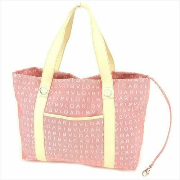 AUTH Bvlgari Tote bag Logo Mania Red Beige Canvas Leather Woman